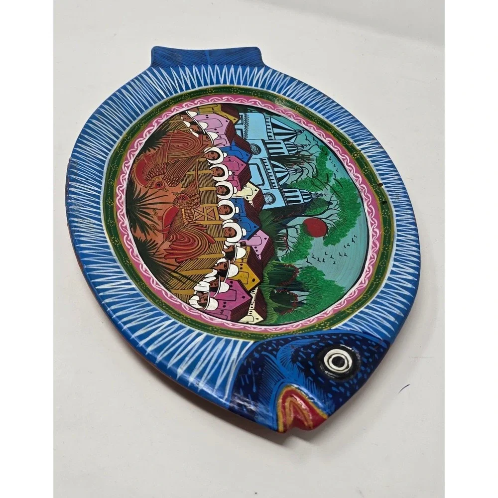 Vtg Mexican storyteller folk art fish terracotta wall art hand painted plate